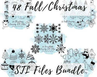 May include: A digital bundle of STL files for earrings, featuring 48 fall and Christmas designs. Includes snowflake, pumpkin, snowman, and ornament shapes. Text reads "48 Fall/Christmas", "STL Files Bundle".