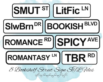 8 Bookshelf Street Sign STL Files, Bookish Decor STL Files, Bookish Gift STL Files, 3D Print for Bookshelf, 3D Print for Book Lovers