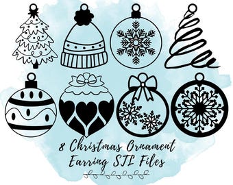 May include: A collection of eight black and white Christmas ornament designs, including a Christmas tree, a beanie, and various round ornaments with snowflake and heart patterns. The text "8 Christmas Ornament Earring STL Files" is also present.