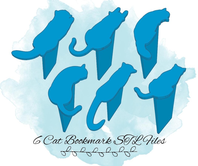 May include: Six blue cat bookmark STL files. The cats are in various poses, including sitting, standing, and lying down. The files are ready to be printed on a 3D printer.