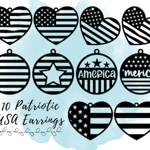 May include: Ten patriotic USA-themed earrings in various styles.  The earrings are in the shape of hearts and circles. Some feature the American flag, while others have the word "America" or "'merica" written on them.