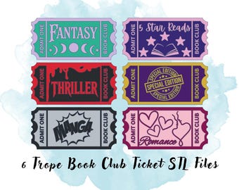 6 Trope Book Club Tickets STL Files 3 mm Thick, Bookish Decor STL File, Bookish Gift STL File, 3D Print for Bookshelf, 3D Print for Readers