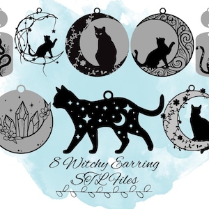 May include: Eight witchy earring designs featuring black cats, moons, crystals, and snakes. The designs are in black and white and are ready to be cut out and used for crafting.