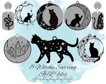 Peut inclure: Huit motifs de boucles d'oreilles de sorcière avec des chats noirs, des lunes, des cristaux et des serpents. Les motifs sont en noir et blanc et sont prêts à être découpés et utilisés pour l'artisanat.