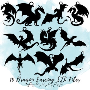 May include: Ten black silhouette dragon earring designs. The dragons are in various poses with wings spread and tails curled. The earrings are ready to be printed with a 3D printer.