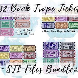 Pode incluir: Uma coleção de designs de bilhetes coloridos com texto, incluindo "32 Book Trope Ticket" e "STL Files Bundle". Os bilhetes apresentam vários temas relacionados com livros como "Fantasy", "Smut" e "Thriller".