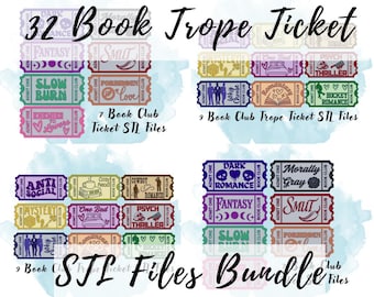 32 STL Files: 16 Trope Book Club Tickets STL Files 12 mm Thick, Bookish Decor 3D Print File, Bookish Gift STL File, 3D Print for Bookshelf