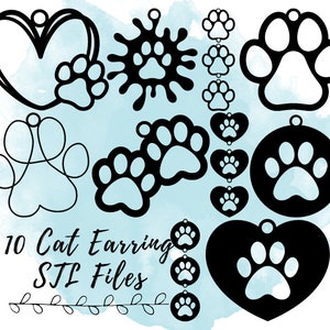 Może przedstawiać: Kolekcja 10 czarnych wzorów kolczyków z motywem kota w różnych kształtach, w tym serca, okręgi i odciski łap. Tekst "10 Cat Earring STL Files" jest wyświetlany czcionką odręczną na jasnoniebieskim tle akwarelowym.
