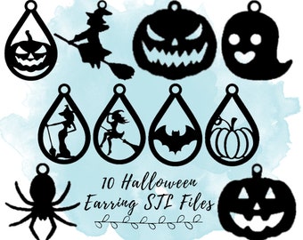 Op de afbeelding: Zwarte Halloween-oorbelontwerpen, waaronder een pompoen, heks, spook, spin en vleermuis. De tekst luidt "10 Halloween Earring STL Files". De oorbellen zijn druppelvormig.