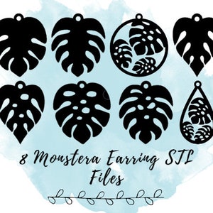 May include: Eight black silhouette designs of Monstera leaves for earrings. The designs are in various shapes and sizes, including a single leaf, a cluster of three leaves, and a teardrop shape.