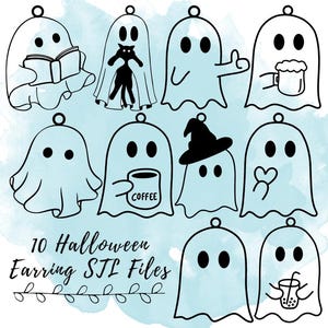Pode incluir: Uma coleção de dez designs de brincos com tema de Halloween, apresentando fantasmas de desenhos animados em várias poses. Alguns fantasmas seguram um livro, um gato, uma xícara de café, um caneco de cerveja e um coração. O texto "10 Halloween Earring STL Files" também está incluído.