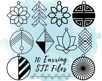 May include: Ten black and white geometric earring designs. The earrings are shown on a light blue watercolor background. The text "10 Earring STL Files" is written in black below the earrings.