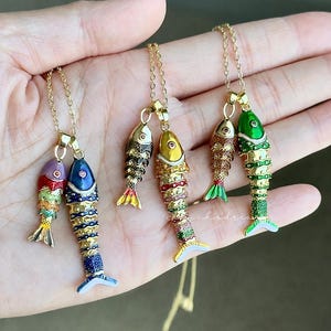 Articulated Movable Goldfish Necklace, Large and Small Fish Pendant, Colorful Enamel Fish Necklace, Lucky Good Luck Fish Jewelry for Women