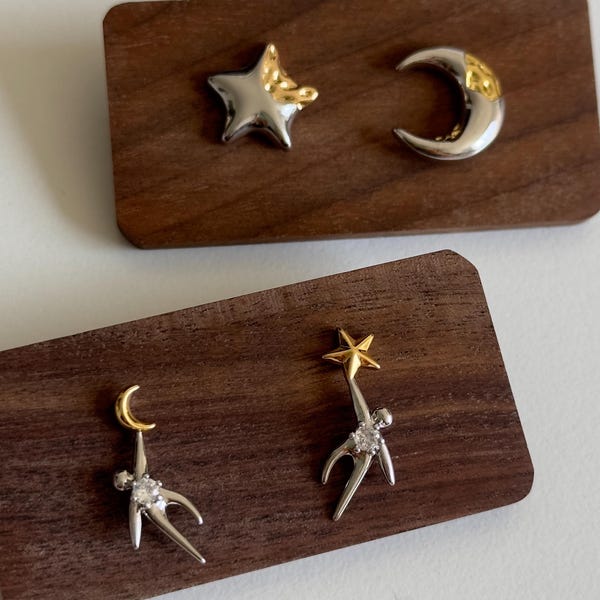 Star and Moon Earrings, Two-Tone Studs, Mismatched Star & Moon Earring Set, Tiny Figure Celestial Studs, Asymmetrical Cute Clip On Earrings