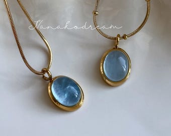 Sea Aquamarine natural stone gold necklace, blue stone pendant necklace, blue stone minimalist necklace