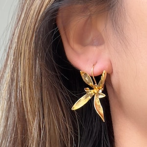 Gold Iris Flower Hoops Earrings, Sculptural Floral Statement Earrings, Petal Earrings, Natural Earrings, Gold Orchid Earrings