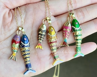 Articulated Movable Goldfish Necklace, Large and Small Fish Pendant, Colorful Enamel Fish Necklace, Lucky Good Luck Fish Jewelry for Women