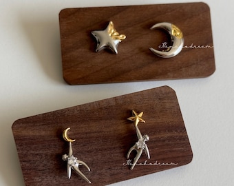 Boucles d'oreilles étoiles et lune, clous d'oreilles bicolores, boucles d'oreilles étoiles et lune dépareillées, puces d'oreilles célestes petite silhouette, jolies boucles d'oreilles asymétriques à clip