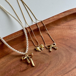 Gold Bow Necklace, Bow Pearl Necklace, Bow Beaded Necklace, Fairy Pendant Necklace, Cute Necklace, Gift for Her.