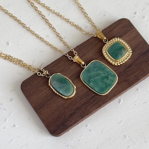 Natural Green Jade Pendant Necklace, Gold Plated Brass Jade Chain, Unique Real Stone Necklace, Minimalist Gold Jade Necklace, Jade Necklace