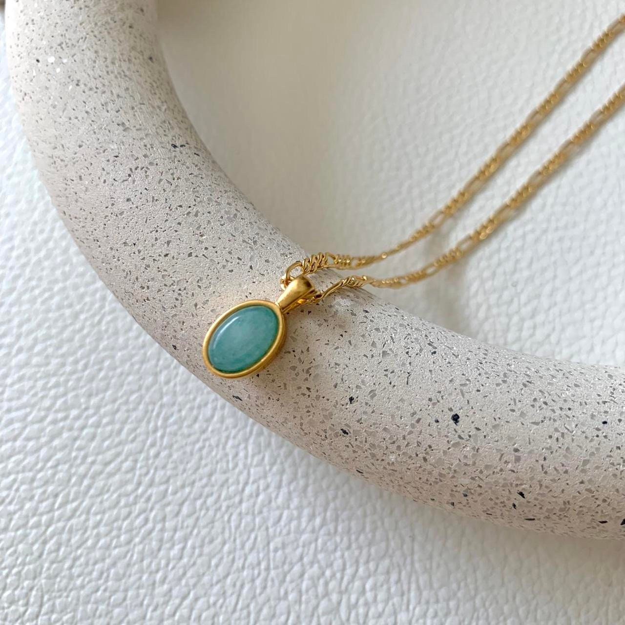 Blue Oval Natural Stone Gold Necklace, Blue Stone Pendant
