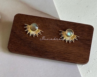 Sunburst Stud Earrings with Natural Labradorite Stone, Gold Sun Ray Earrings, Celestial Jewelry, Minimalist Boho Studs, Labradorite Studs