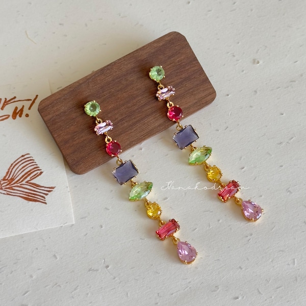 Colorful Dangle Earrings, Rainbow Crystal Drop Earrings, Statement Jewelry, Multicolor Long Earrings for Summer, Colorful Crystal Earrings