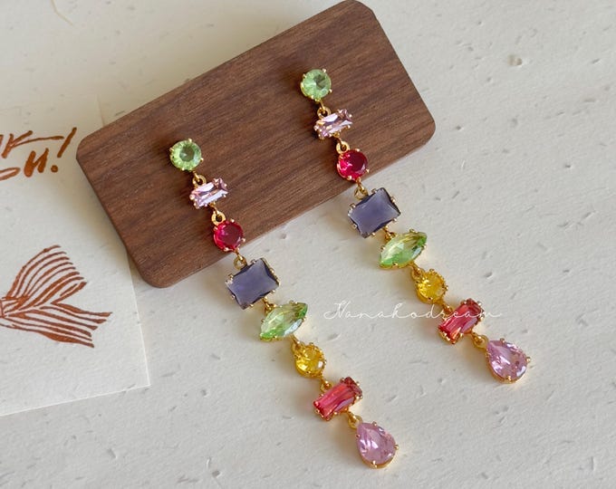 Colorful Dangle Earrings, Rainbow Crystal Drop Earrings, Statement Jewelry, Multicolor Long Earrings for Summer, Colorful Crystal Earrings