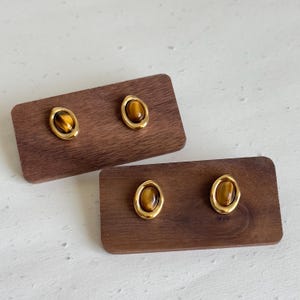 Tiger Eye Stud Earrings, Oval Gemstone Earrings, 18K Gold Plated Earrings, Minimalist Stud Earrings, Brown Stone Earrings