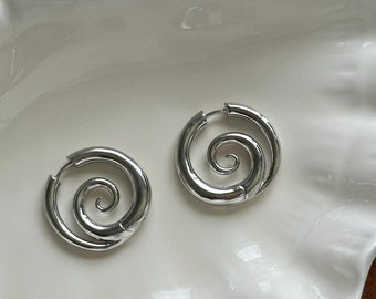 Silver Spiral Earrings, Fake Gauge Earrings, Spiral Hoop Earrings, Y2k Spiral Earrings, Modern Spiral Earrings.