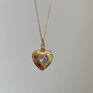 Gold Zircon Heart Necklace, Crystal Heart Pendant Necklace, Dainty Gold Pendant, Sparkly Heart Charm, Romantic Gift for Her