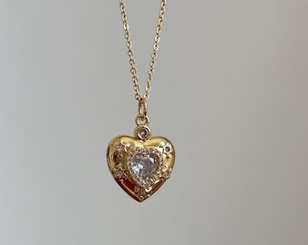Gold Zircon Heart Necklace, Crystal Heart Pendant Necklace, Dainty Gold Pendant, Sparkly Heart Charm, Romantic Gift for Her