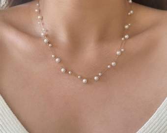 High-quality Glass Pearl Necklaces, Two Rows Glass Pearl Necklaces, Pearl Necklaces, Floating Pearl Bridal Necklace, Pearl Wedding Necklace