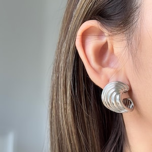 Silver Wave Stud Earrings, Thick Metal Texture, Bold Silver Minimalist Jewelry, Elegant Statement Earrings, Gift for Her