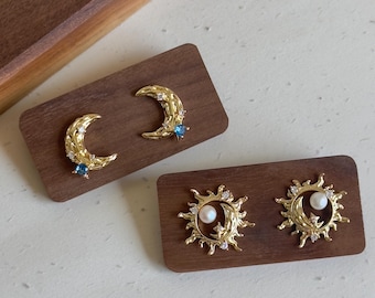 Gold Moon Sun Earrings Set, Crescent Moon Studs With Blue Crystal, Sunburst Pearl Earrings With Cubic Zirconia, Celestial Astrology Earrings