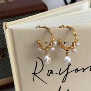 French Baroque Vintage Earrings with Gold Foil, 18k gold/platinum plated pearl dangle earrings, Gold hoop earrings, boutique pearl earrings