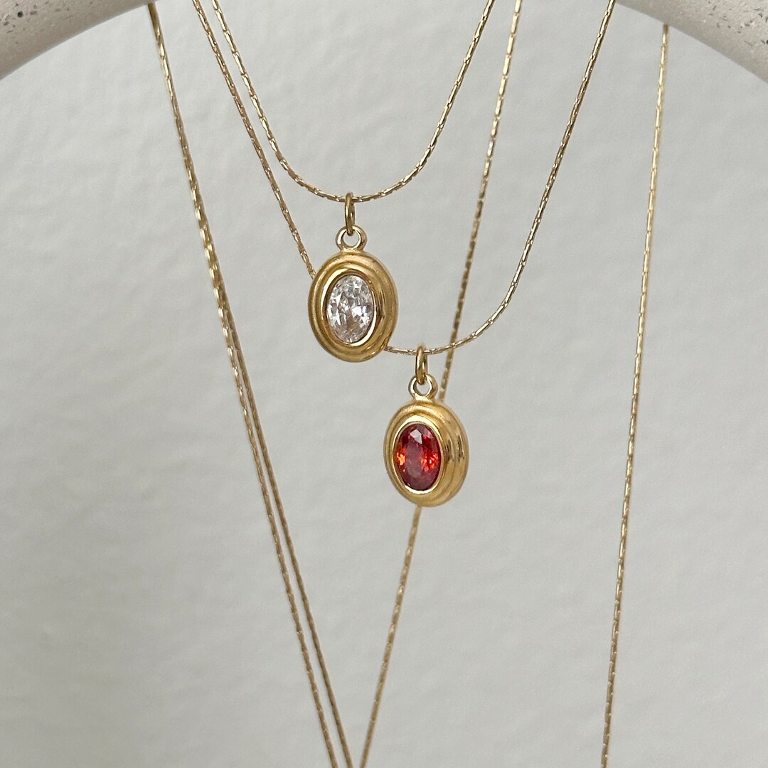 Mini Crystal Pendant Gold Necklace, Ruby Crystal Pendant Necklace