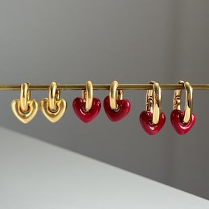 Red Heart Charm Hoop Earrings, 18k Gold Heart Hoops Earring, Love Heart Earrings, Removable Heart Gold Hoops Earrings, Love Jewelry