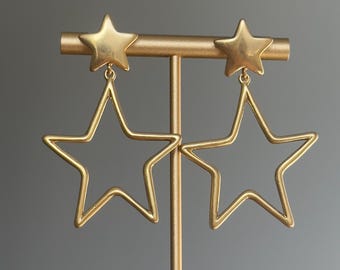 Matte Gold Star Dangle Earrings – Double Star Statement Earrings, Geometric Hollow Design, Star Dangle Earrings, Gift for Her