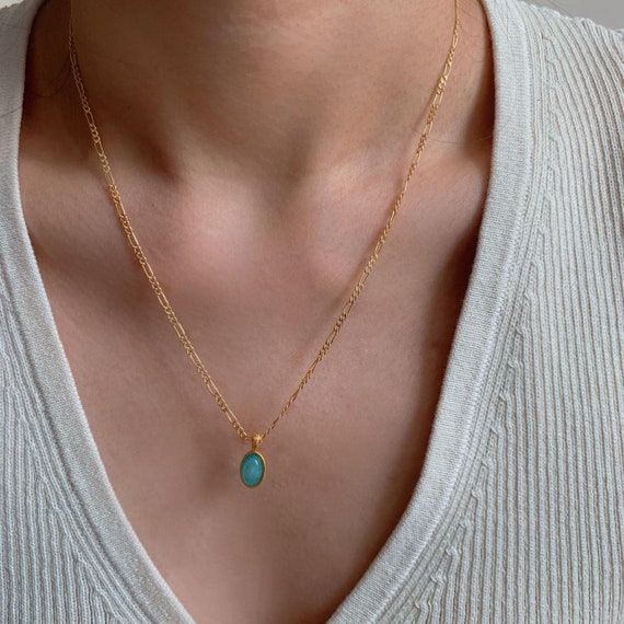 Blue Oval Natural Stone Gold Necklace, Blue Stone Pendant Necklace