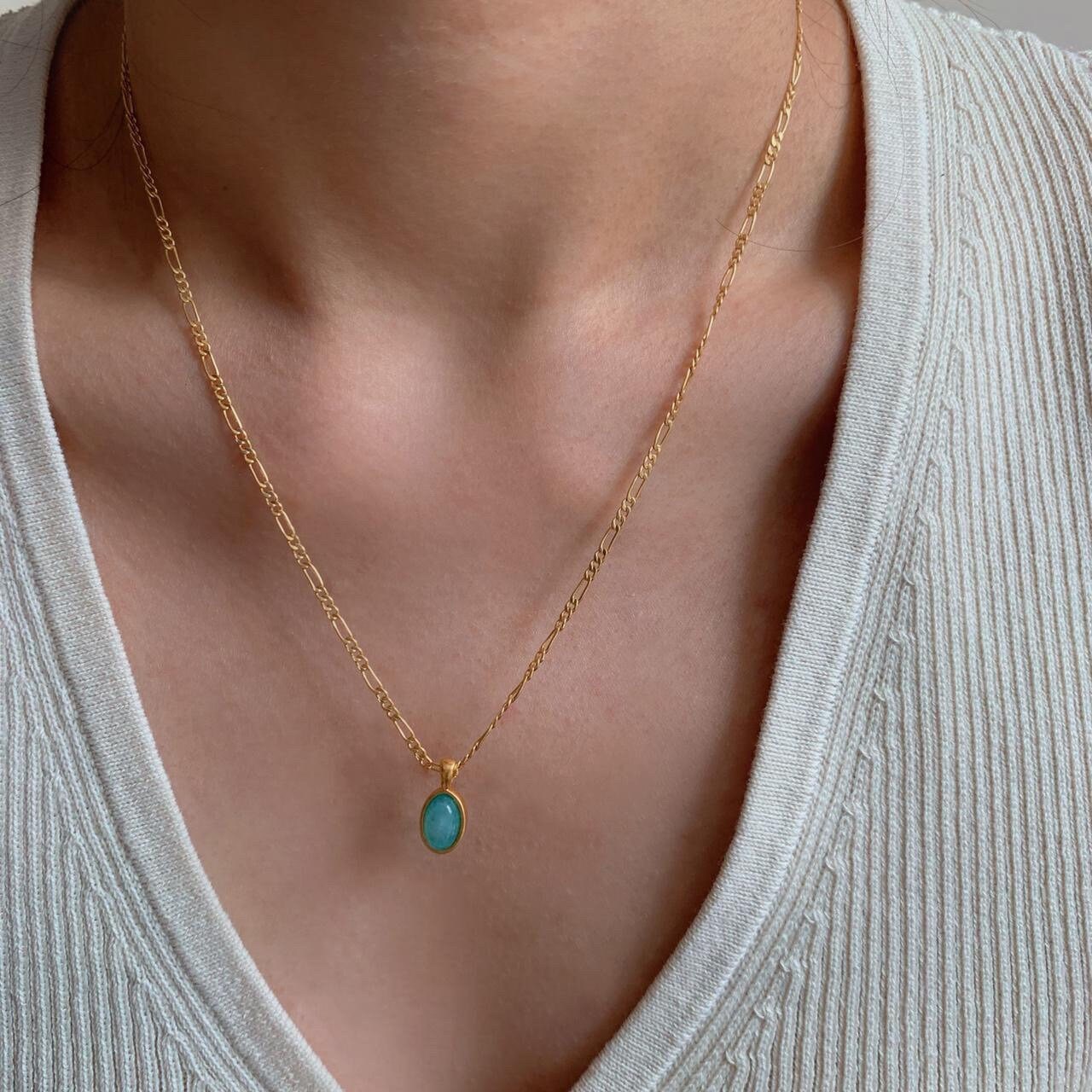 Blue Oval Natural Stone Gold Necklace, Blue Stone Pendant