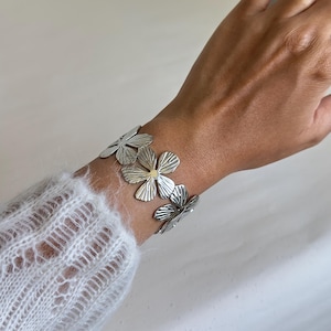 Flower Bangle, Adjustable Flower Cuff Bracelet, Gold or Silver Floral Bangle, Open Cuff Leaf Bracelet For Women, Wide Botanical Bracelet