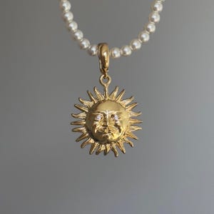 Gold Sun Face Necklace, Sun Face Hoops Earrings, Sun Burst With Face Pendant Pearl Necklace, Helios sun necklace, Celestial Jewelry