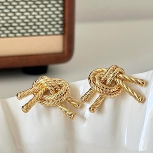 Gold Knot Stud Earrings, Gold Twisted Rope Design Earrings,  Chunky Gold Tone Rope Twisted Stud Earrings, Elegant Statement Earrings
