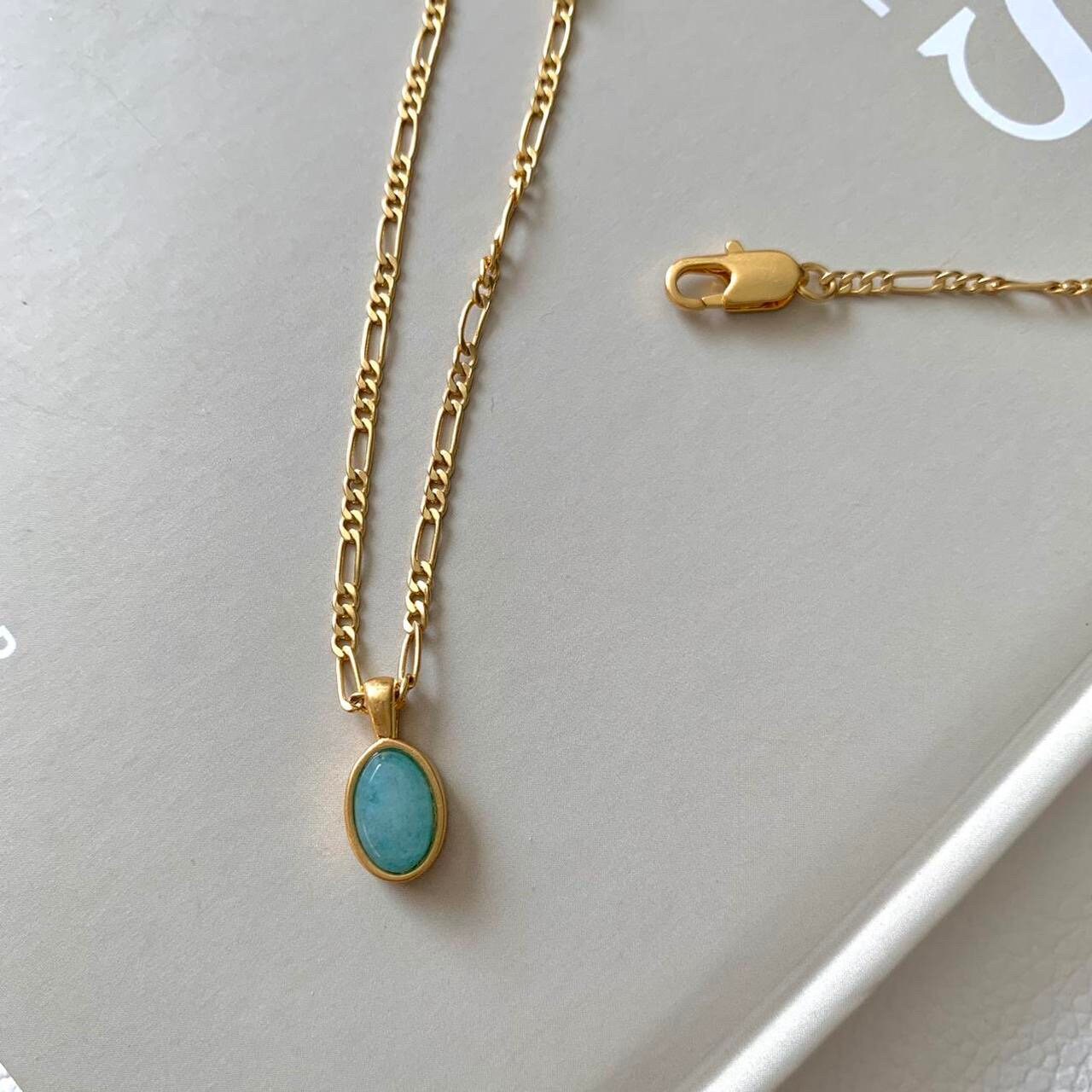 Blue Oval Natural Stone Gold Necklace, Blue Stone Pendant