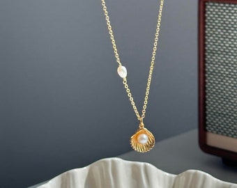 Gold Shell Freshwater Pearl Pendant Necklace, Cute Shell Necklace, Pearl Necklace, Gold Plated Shell Necklace, Sea Necklace, Gift For Her