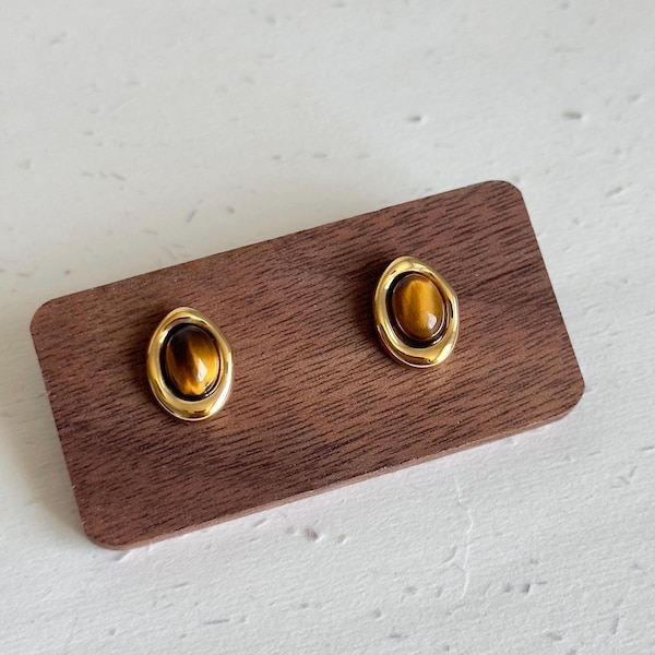 Tiger Eye Stud Earrings, Oval Gemstone Earrings, 18K Gold Plated Earrings, Minimalist Stud Earrings, Brown Stone Earrings