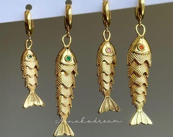 Articulated Koi Fish Hoop Earrings, Vintage Style Gold Moving Fish Charms Huggies, Gold Plated Fish Jewelry, Gold Fish Jewelry