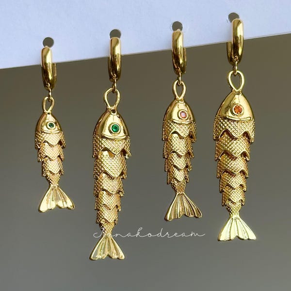 Articulated Koi Fish Hoop Earrings, Vintage Style Gold Moving Fish Charms Huggies, Gold Plated Fish Jewelry, Gold Fish Jewelry