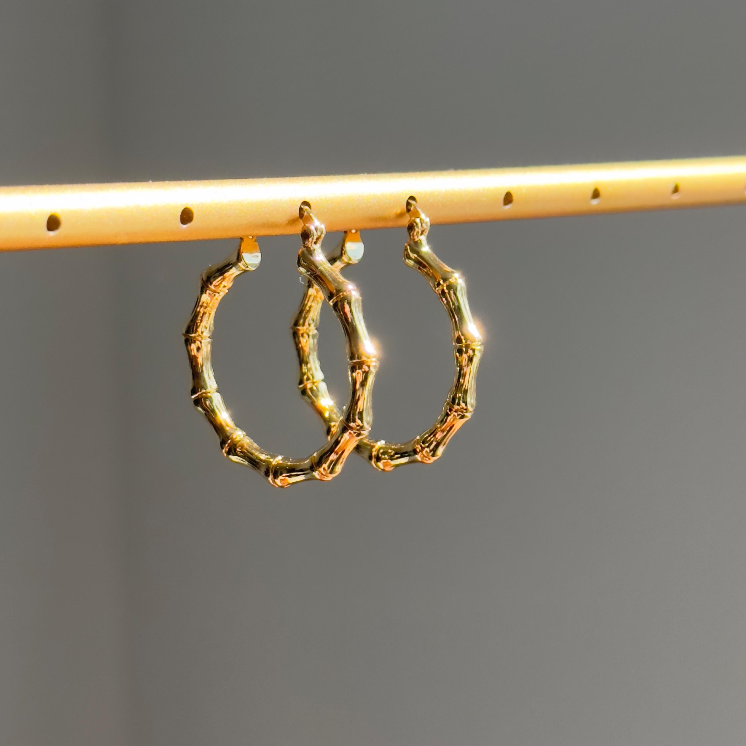 thumbnail image 2 of 10K Solid Yellow Gold Bamboo Hoop Earrings – 18mm To 78mm – Snap Closure – Nickel-Free 2 of 5